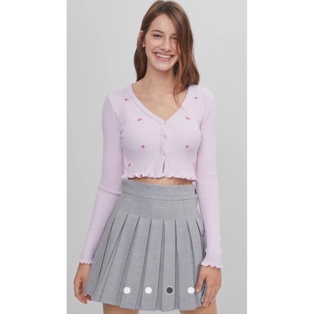 NWT Bershka Light Baby Pink Rib Crop Butterfly Embroidered Cardigan Size S